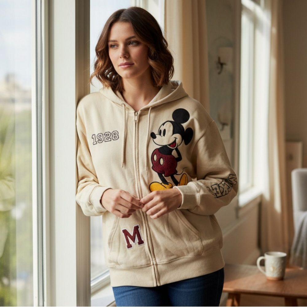 Disney Mickey Mouse Ivory Zip Hoodie Women’s M 1928 Graphic Sleeve Detail